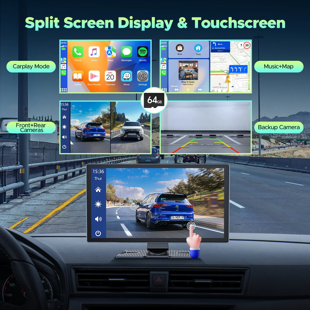 4K Dashcam Portable 9" Wireless Car Play Screen