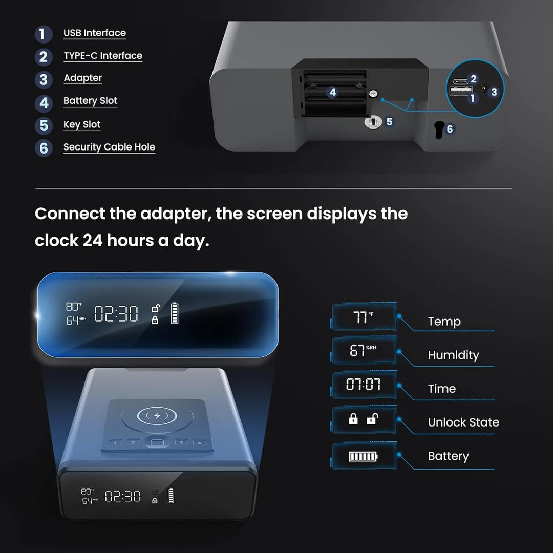 Biometric Gun Safe W/ LED Clock & Phone Charging