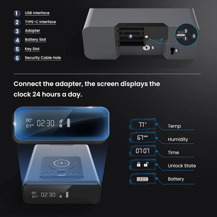 Biometric Gun Safe W/ LED Clock & Phone Charging