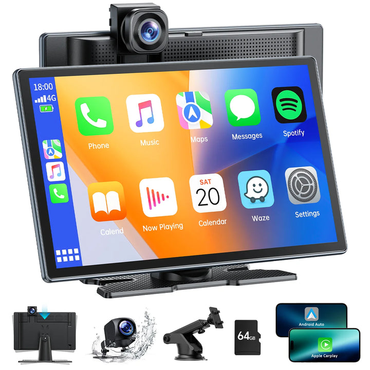 4K Dashcam Portable 9" Wireless Car Play Screen