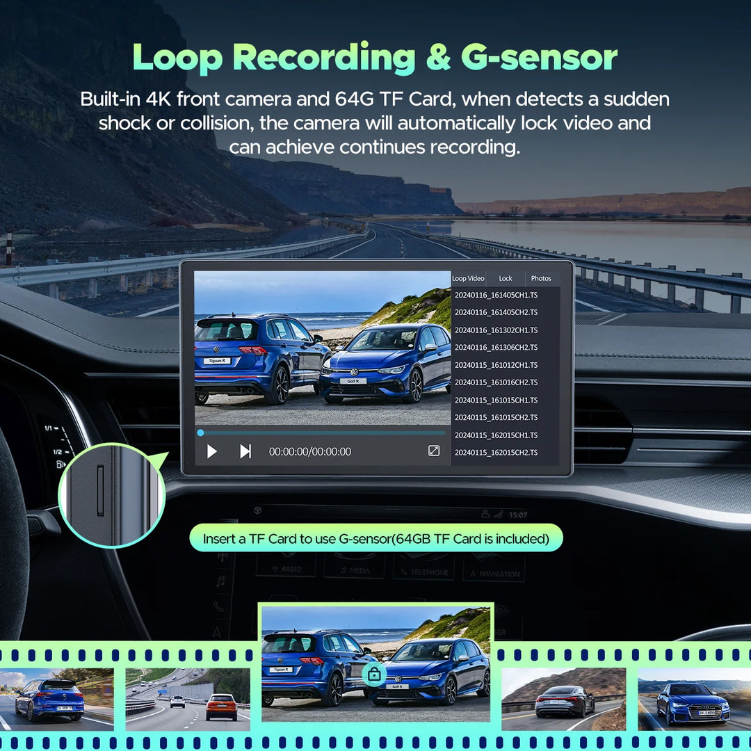 4K Dashcam Portable 9" Wireless Car Play Screen