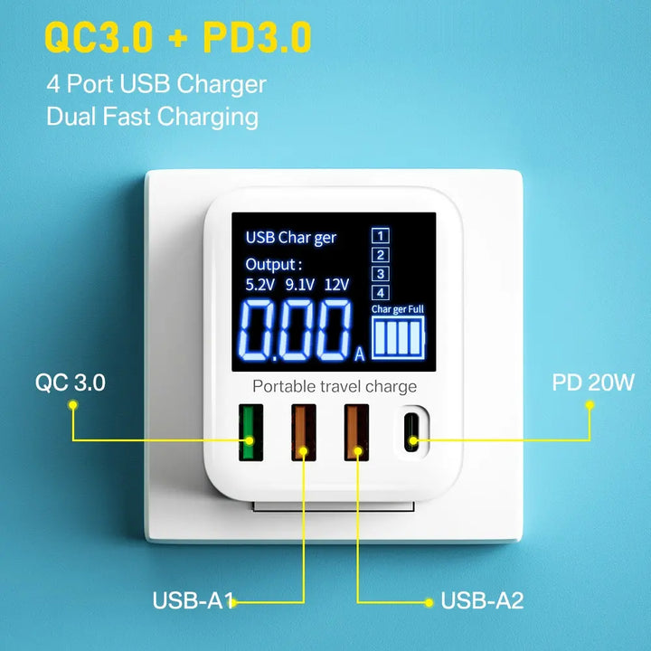 40W USB Wall Charger 4 Port With LED Display