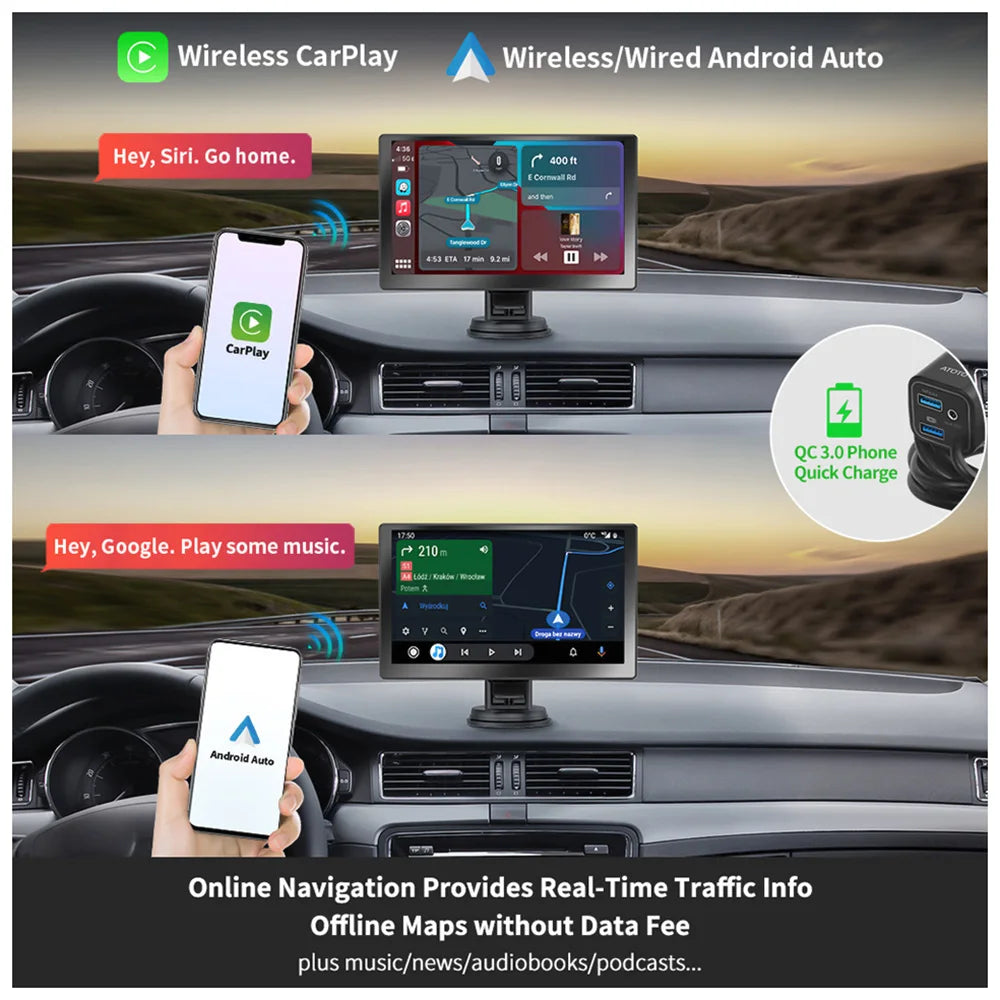 7'' Portable Wireless CarPlay GPS Navigation, Stereo and Multimedia Player