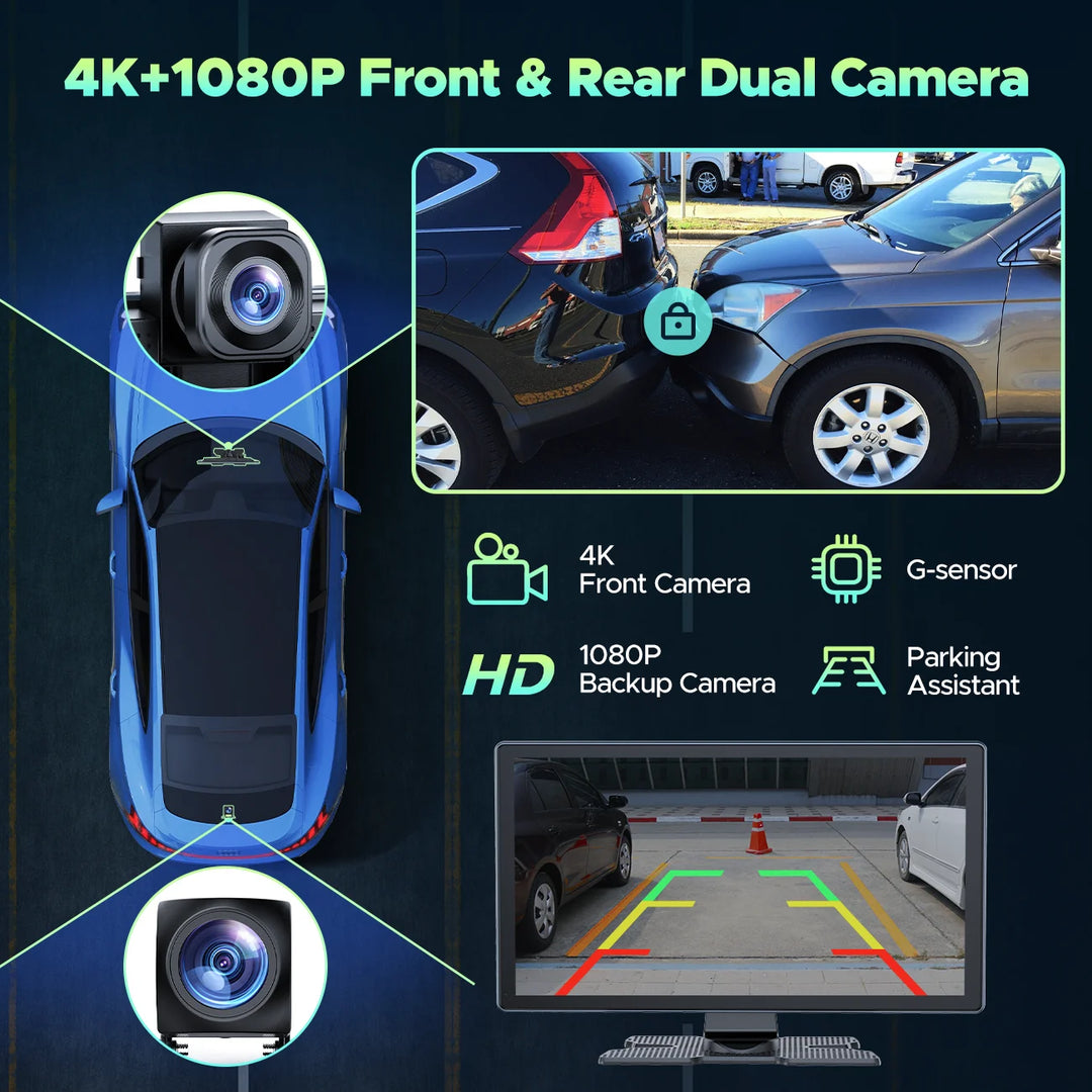 4K Dashcam Portable 9" Wireless Car Play Screen