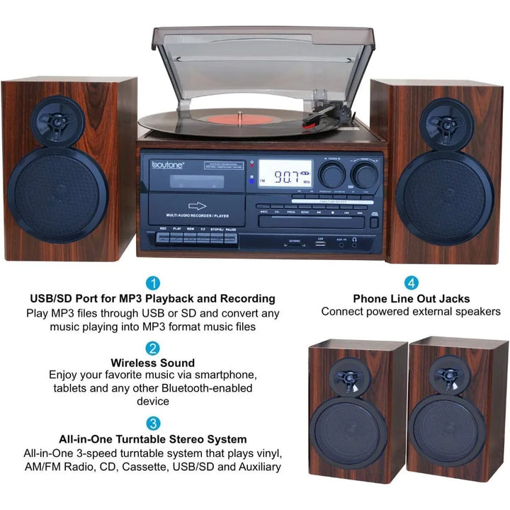 Bluetooth Classic Style Record Player with AM/FM Radio, CD/Cassette Player, 2 Separate Stereo Speakers