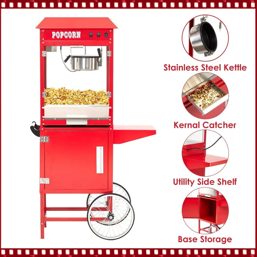 Commercial Popcorn Machine with Cart, 8 Oz Kettle