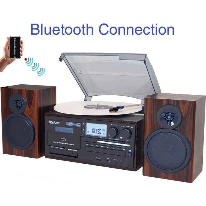 Bluetooth Classic Style Record Player with AM/FM Radio, CD/Cassette Player, 2 Separate Stereo Speakers