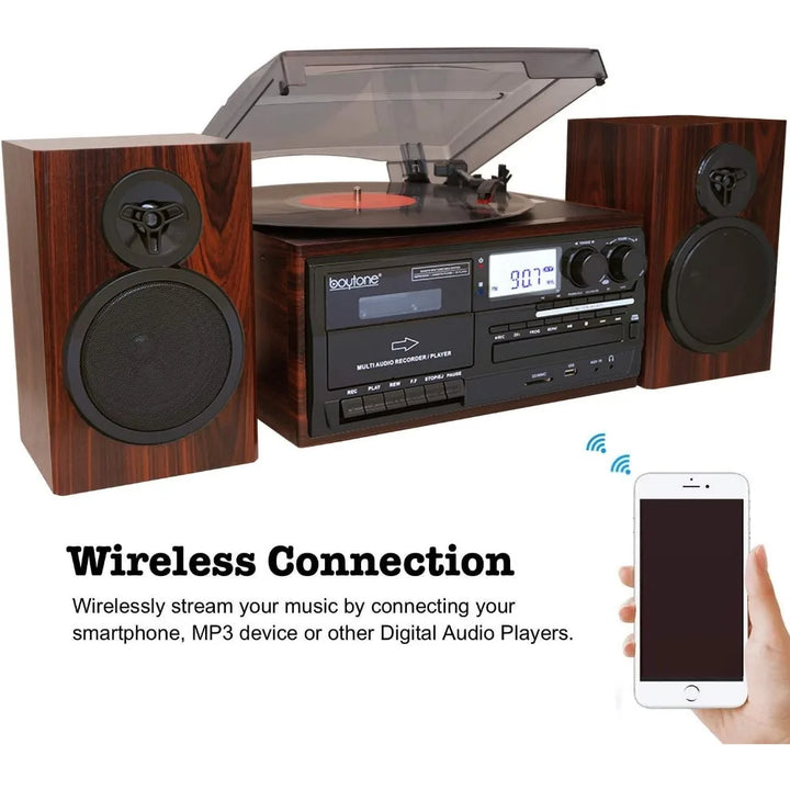 Bluetooth Classic Style Record Player with AM/FM Radio, CD/Cassette Player, 2 Separate Stereo Speakers