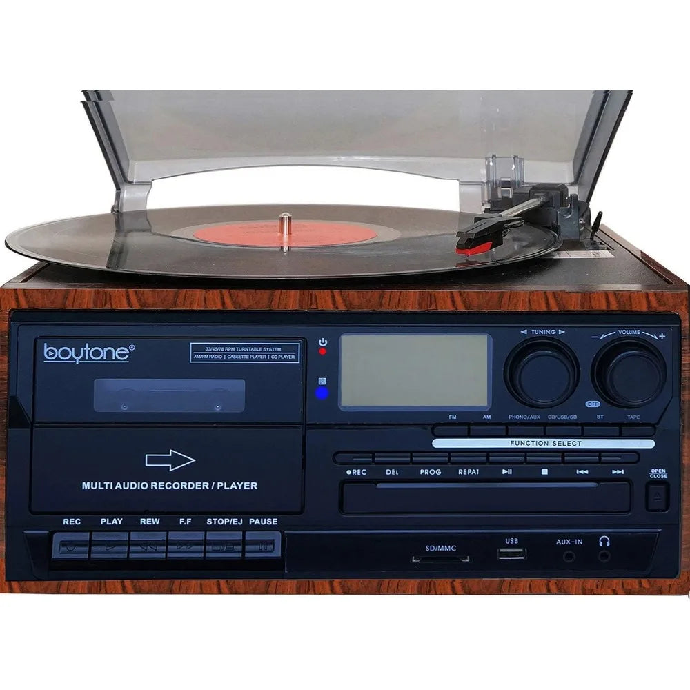 Bluetooth Classic Style Record Player with AM/FM Radio, CD/Cassette Player, 2 Separate Stereo Speakers